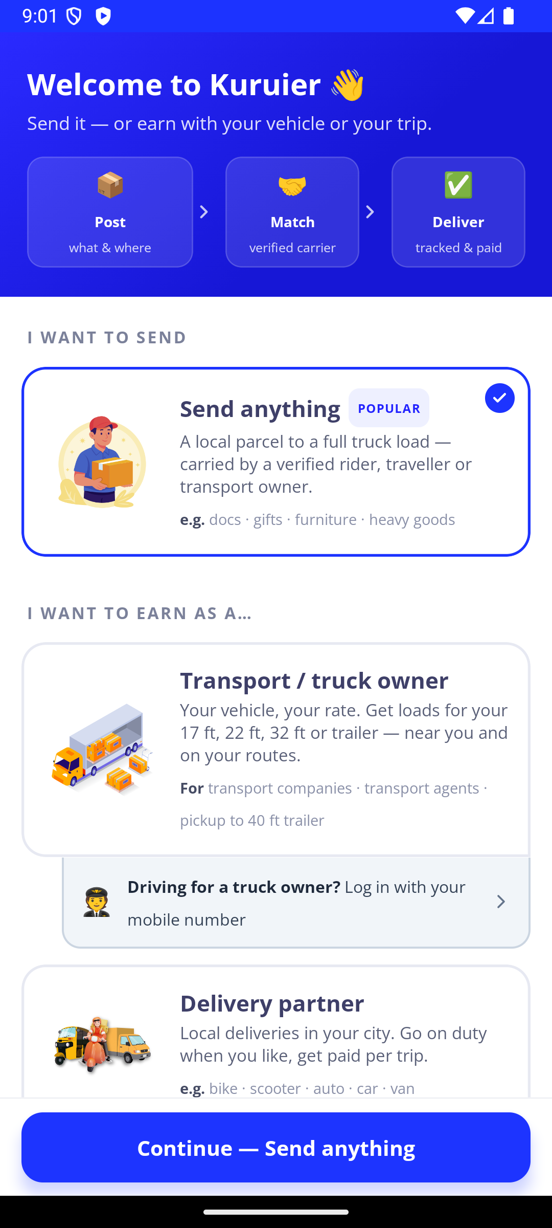 Kuruier shipment owner screen with Send anything, transport owner, and delivery partner options